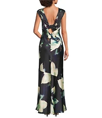 Maggy London Floral Print High Cowl Neck Sleeveless Charmeuse Long Dress