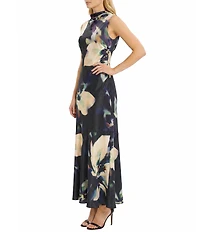 Maggy London Floral Print High Cowl Neck Sleeveless Charmeuse Long Dress