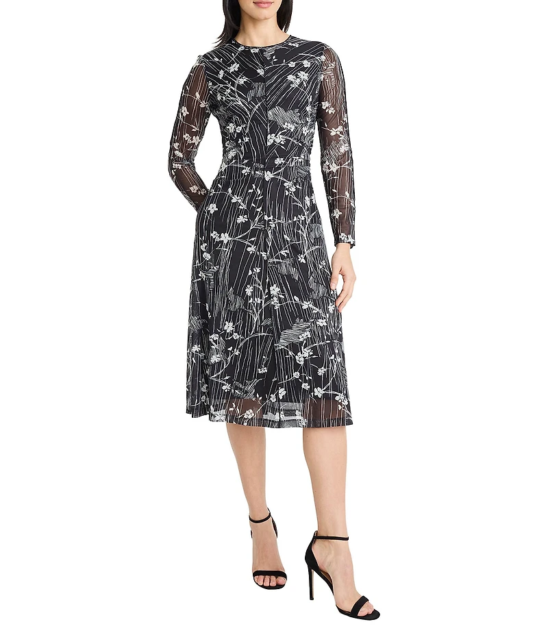 Maggy London Floral Print Mesh Crew Neck Long Sleeve Sheath Midi Dress