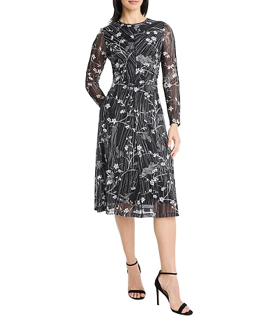 Maggy London Floral Print Mesh Crew Neck Long Sleeve Sheath Midi Dress