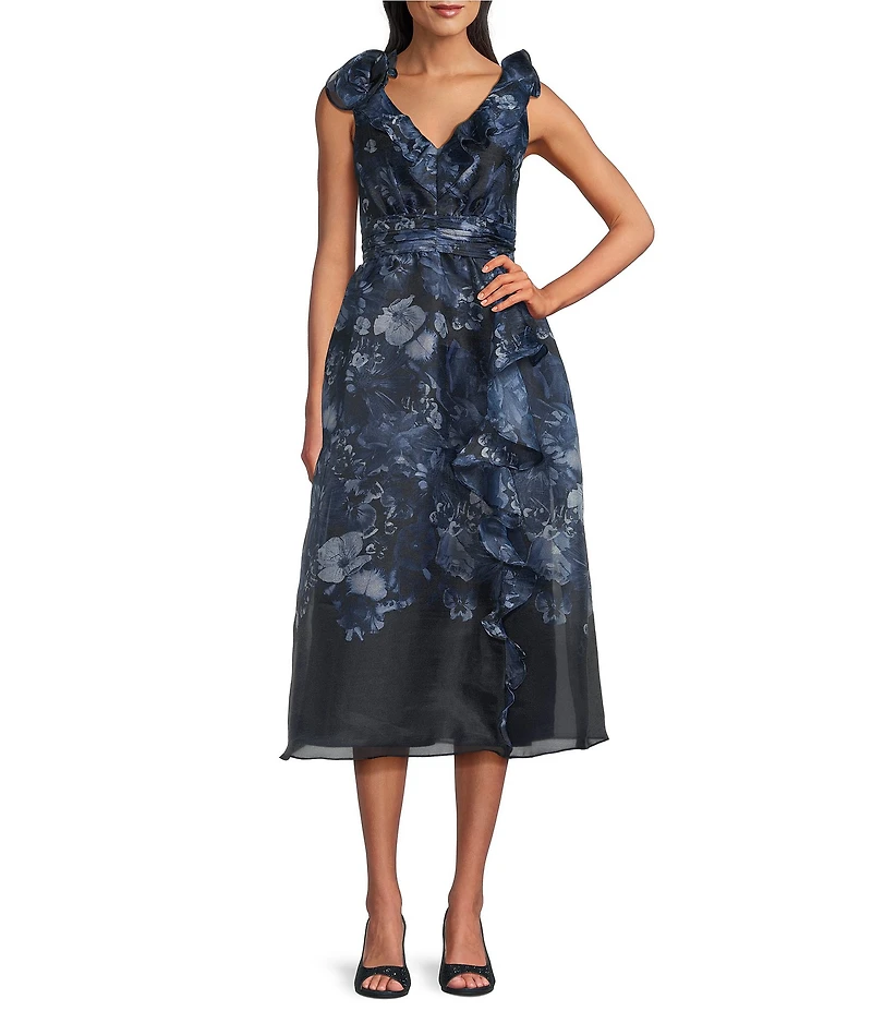 Maggy London Floral Print Organza V-Neckline Sleeveless Ruffle Midi Gown