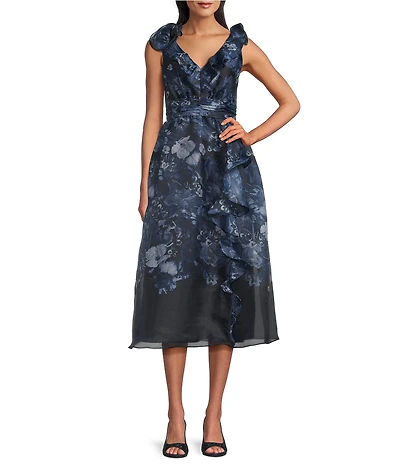Maggy London Floral Print Organza V-Neckline Sleeveless Ruffle Midi Gown