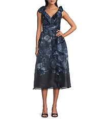 Maggy London Floral Print Organza V-Neckline Sleeveless Ruffle Midi Gown