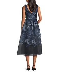 Maggy London Floral Print Organza V-Neckline Sleeveless Ruffle Midi Gown