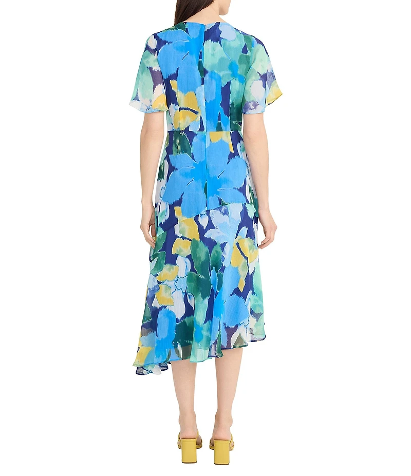 Maggy London Floral Print Round Neckline Short Sleeve Asymmetrical Hem Midi Dress