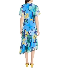 Maggy London Floral Print Round Neckline Short Sleeve Asymmetrical Hem Midi Dress