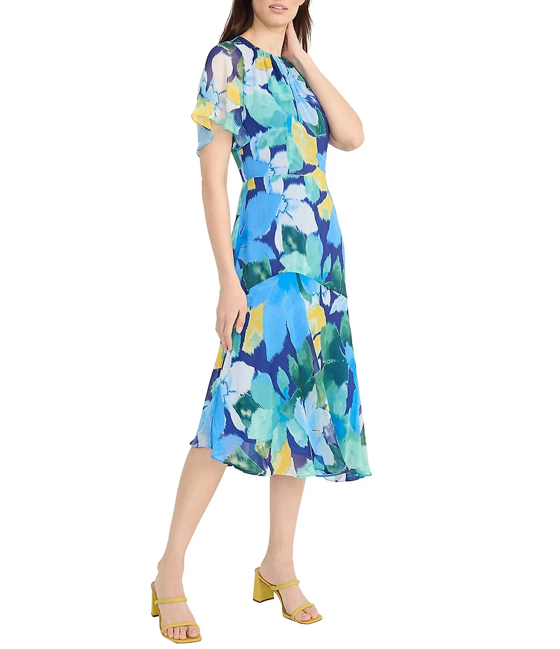 Maggy London Floral Print Round Neckline Short Sleeve Asymmetrical Hem Midi Dress