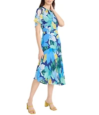 Maggy London Floral Print Round Neckline Short Sleeve Asymmetrical Hem Midi Dress