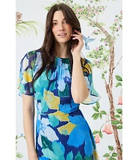 Maggy London Floral Print Round Neckline Short Sleeve Asymmetrical Hem Midi Dress