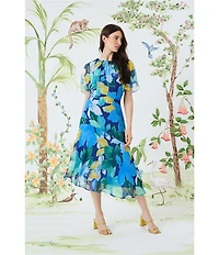Maggy London Floral Print Round Neckline Short Sleeve Asymmetrical Hem Midi Dress