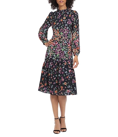 Maggy London Floral Print Ruffled Crew Neck Long Sleeve Midi Dress