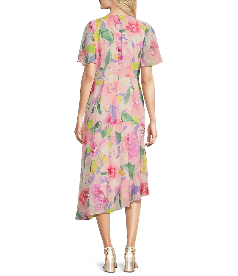 Maggy London Floral Print Short Flutter Sleeve Asymmetrical Hem Dress