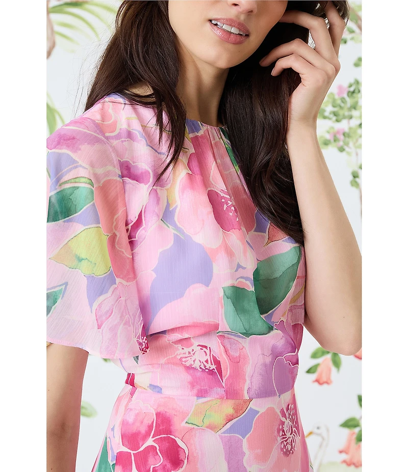 Maggy London Floral Print Short Flutter Sleeve Asymmetrical Hem Dress