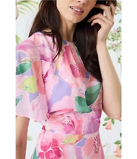 Maggy London Floral Print Short Flutter Sleeve Asymmetrical Hem Dress
