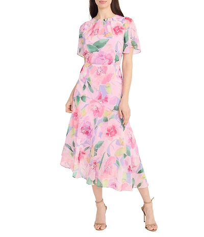 Maggy London Floral Print Short Flutter Sleeve Asymmetrical Hem Dress