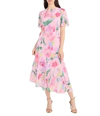 Maggy London Floral Print Short Flutter Sleeve Asymmetrical Hem Dress