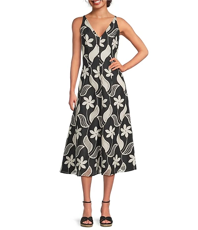 Maggy London Floral Print Sleeveless V-Neck Novelty Midi Dress