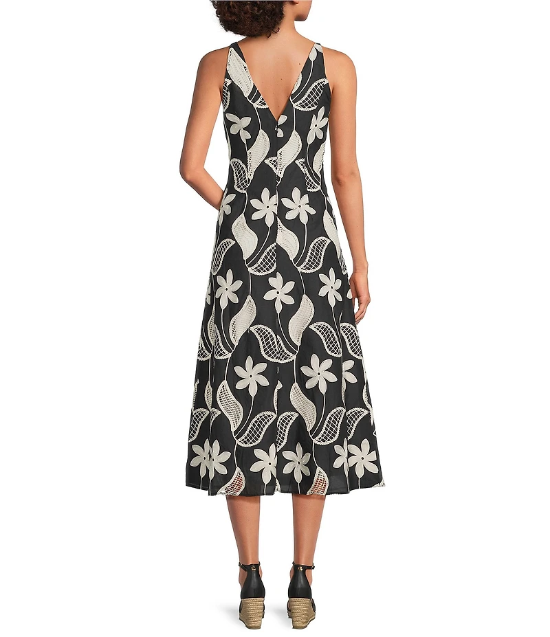 Maggy London Floral Print Sleeveless V-Neck Novelty Midi Dress