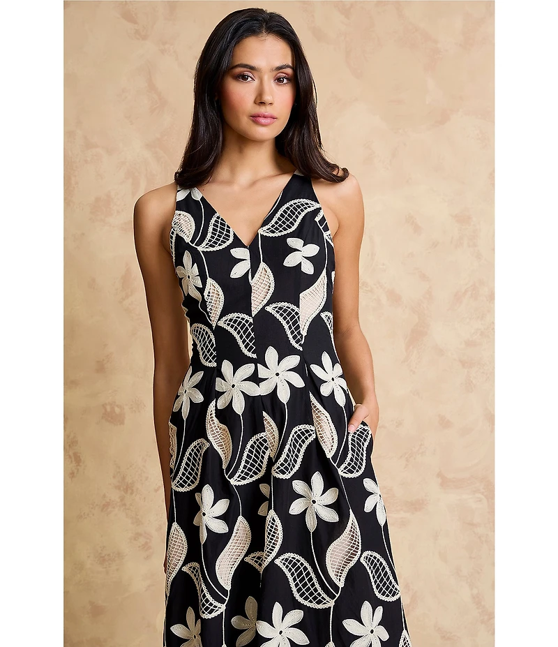 Maggy London Floral Print Sleeveless V-Neck Novelty Midi Dress