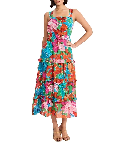 Maggy London Floral Print Tiered Skirt Sleeveless Midi Dress