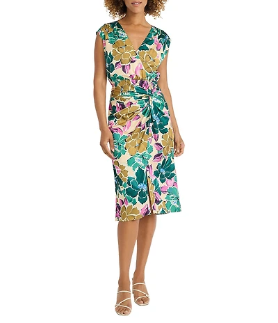 Maggy London Floral Printed Light Charmeuse Surplice V-Neck Cap Sleeve Drape Dress