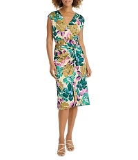 Maggy London Floral Printed Light Charmeuse Surplice V-Neck Cap Sleeve Drape Dress
