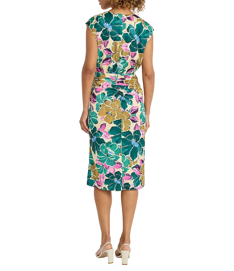Maggy London Floral Printed Light Charmeuse Surplice V-Neck Cap Sleeve Drape Dress