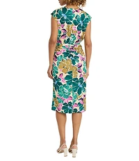 Maggy London Floral Printed Light Charmeuse Surplice V-Neck Cap Sleeve Drape Dress