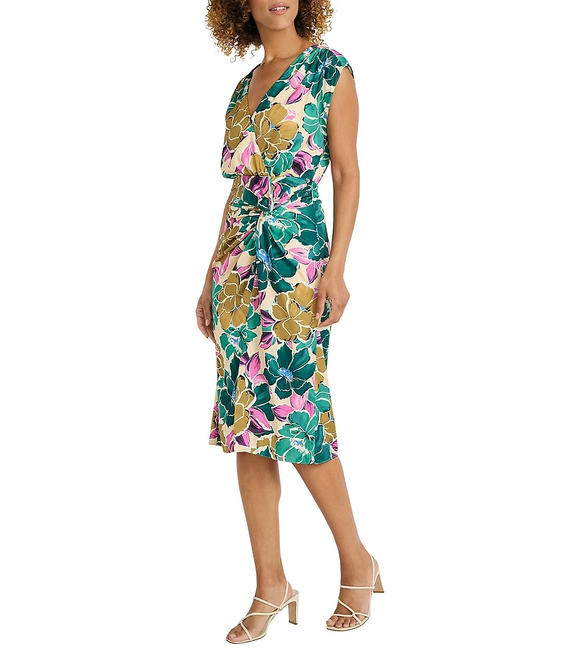 Maggy London Floral Printed Light Charmeuse Surplice V-Neck Cap Sleeve Drape Dress