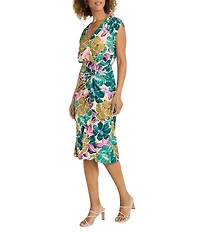 Maggy London Floral Printed Light Charmeuse Surplice V-Neck Cap Sleeve Drape Dress