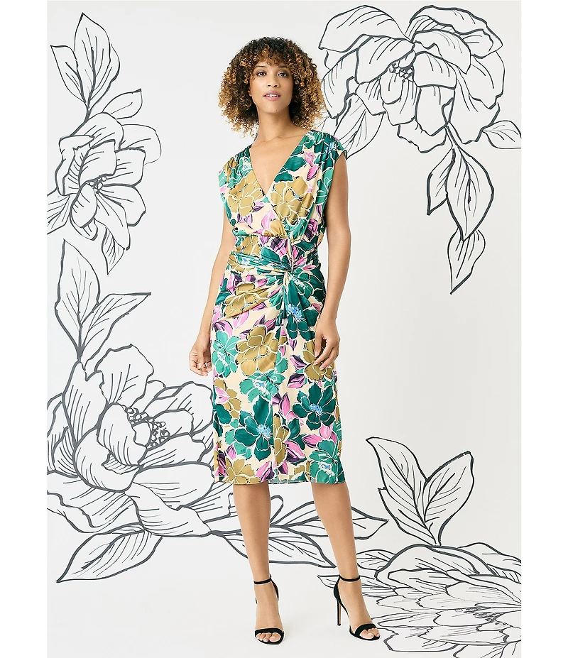 Maggy London Floral Printed Light Charmeuse Surplice V-Neck Cap Sleeve Drape Dress