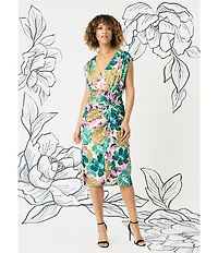 Maggy London Floral Printed Light Charmeuse Surplice V-Neck Cap Sleeve Drape Dress