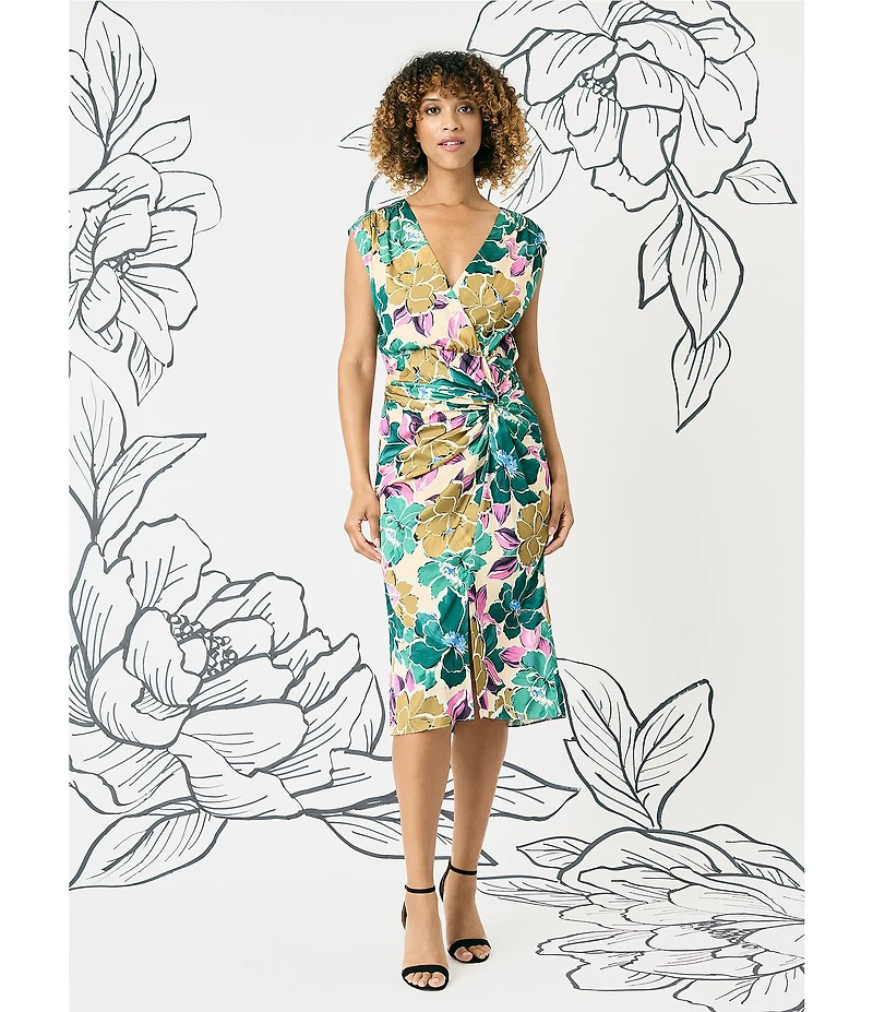 Maggy London Floral Printed Light Charmeuse Surplice V-Neck Cap Sleeve Drape Dress
