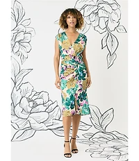 Maggy London Floral Printed Light Charmeuse Surplice V-Neck Cap Sleeve Drape Dress