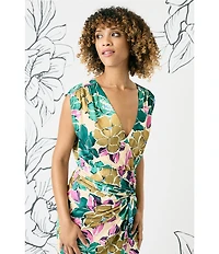 Maggy London Floral Printed Light Charmeuse Surplice V-Neck Cap Sleeve Drape Dress