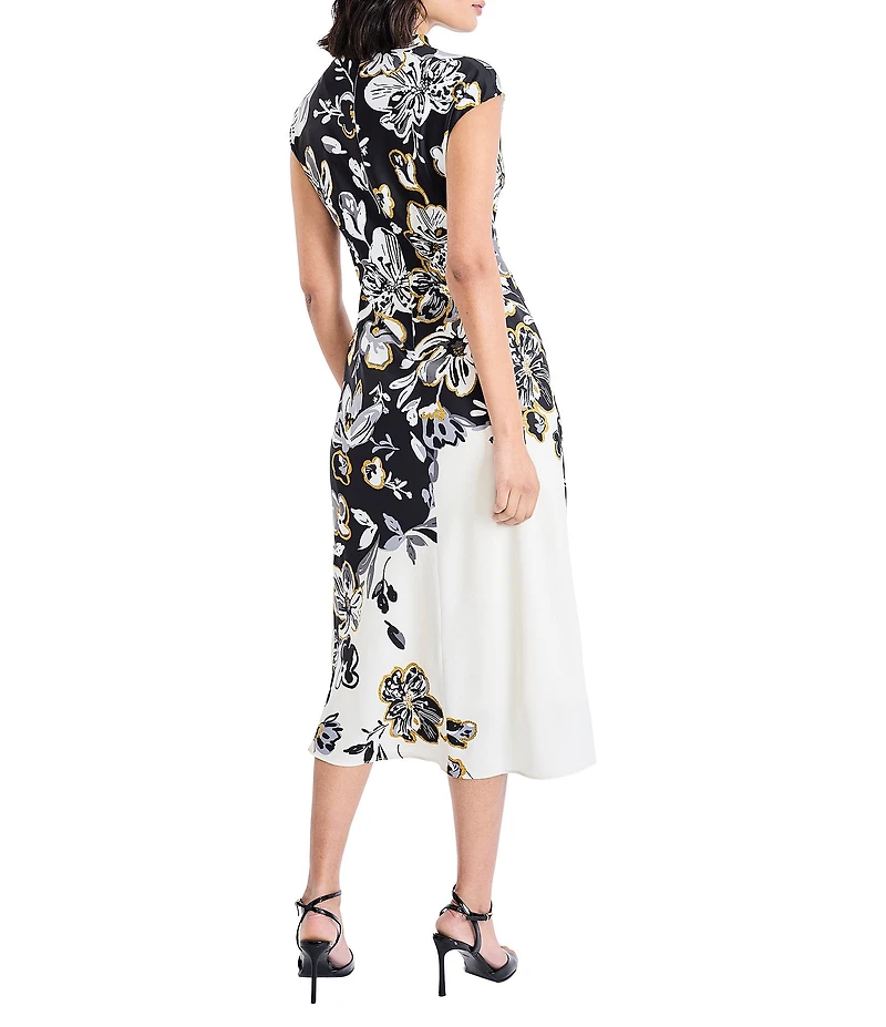 Maggy London Floral Printed Poly Twill High Neck Cap Sleeve Midi Dress