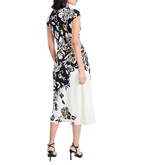 Maggy London Floral Printed Poly Twill High Neck Cap Sleeve Midi Dress