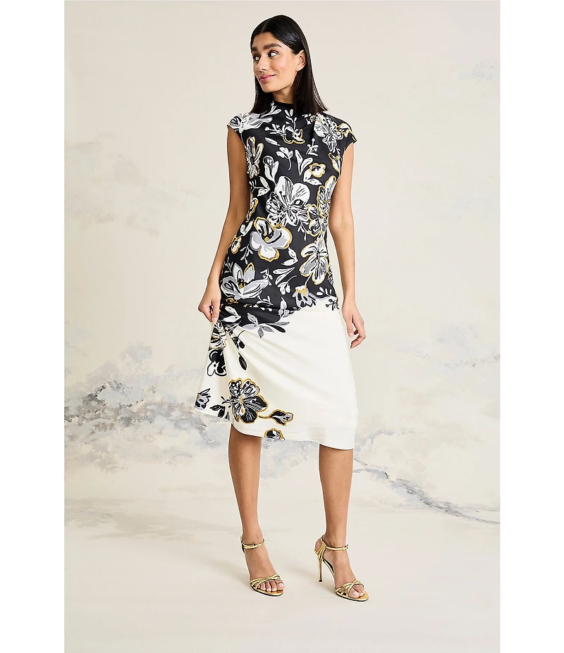 Maggy London Floral Printed Poly Twill High Neck Cap Sleeve Midi Dress