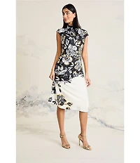 Maggy London Floral Printed Poly Twill High Neck Cap Sleeve Midi Dress