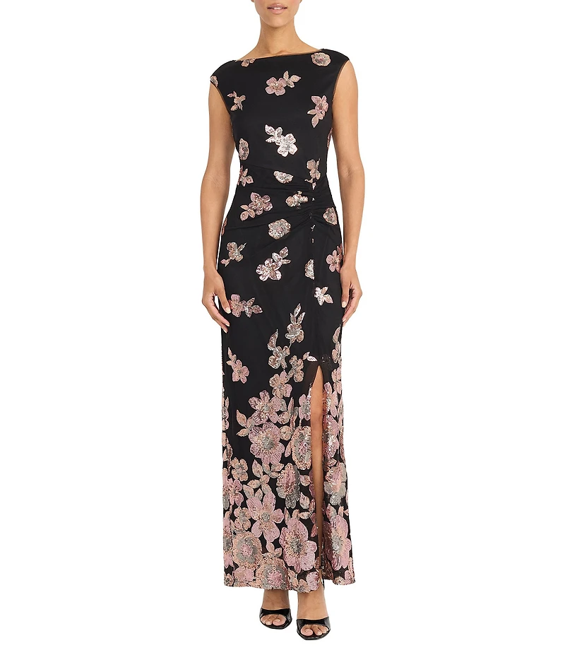 Maggy London Floral Sequin Print Mesh Sleeveless Dress