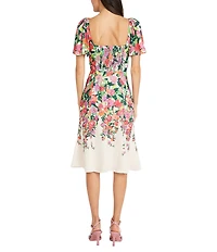Maggy London Floral Sweetheart Neck Short Flutter Sleeve Midi Dress