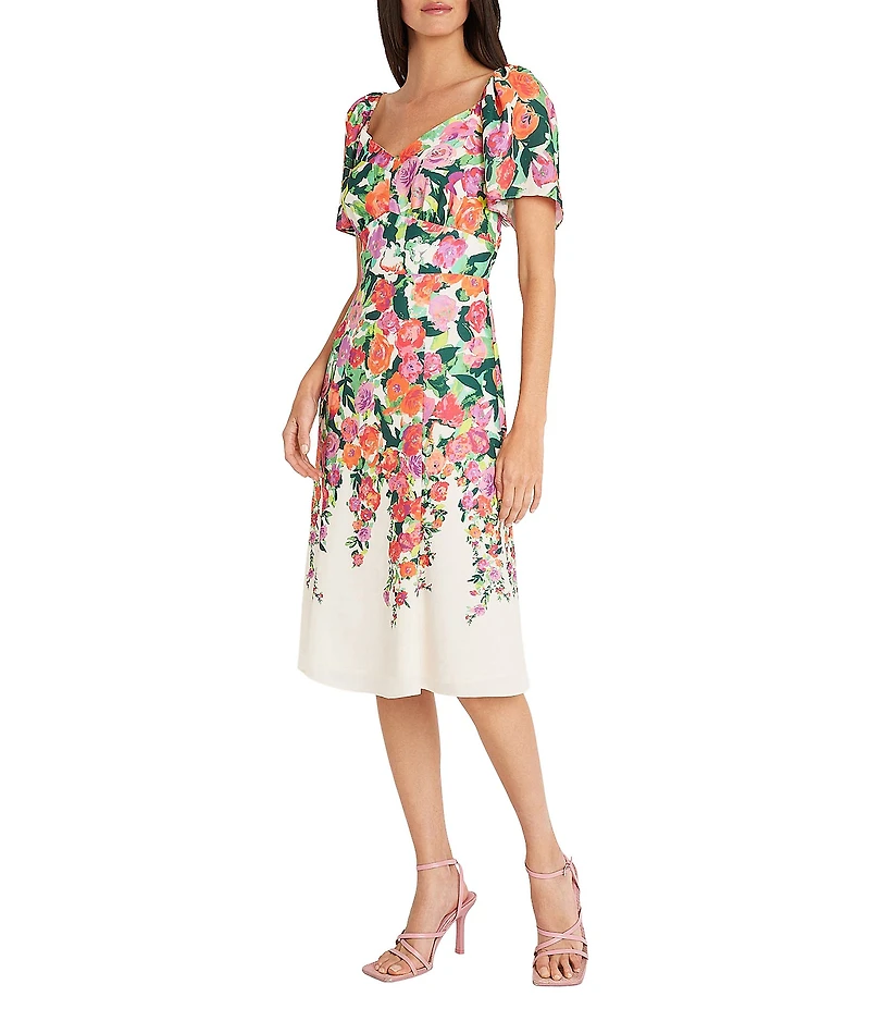 Maggy London Floral Sweetheart Neck Short Flutter Sleeve Midi Dress