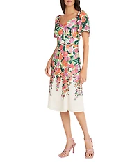 Maggy London Floral Sweetheart Neck Short Flutter Sleeve Midi Dress