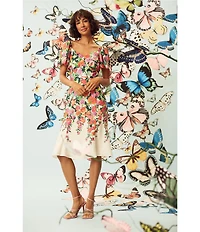 Maggy London Floral Sweetheart Neck Short Flutter Sleeve Midi Dress