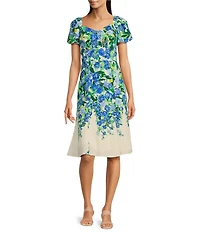 Maggy London Floral Sweetheart Neck Short Flutter Sleeve Midi Dress