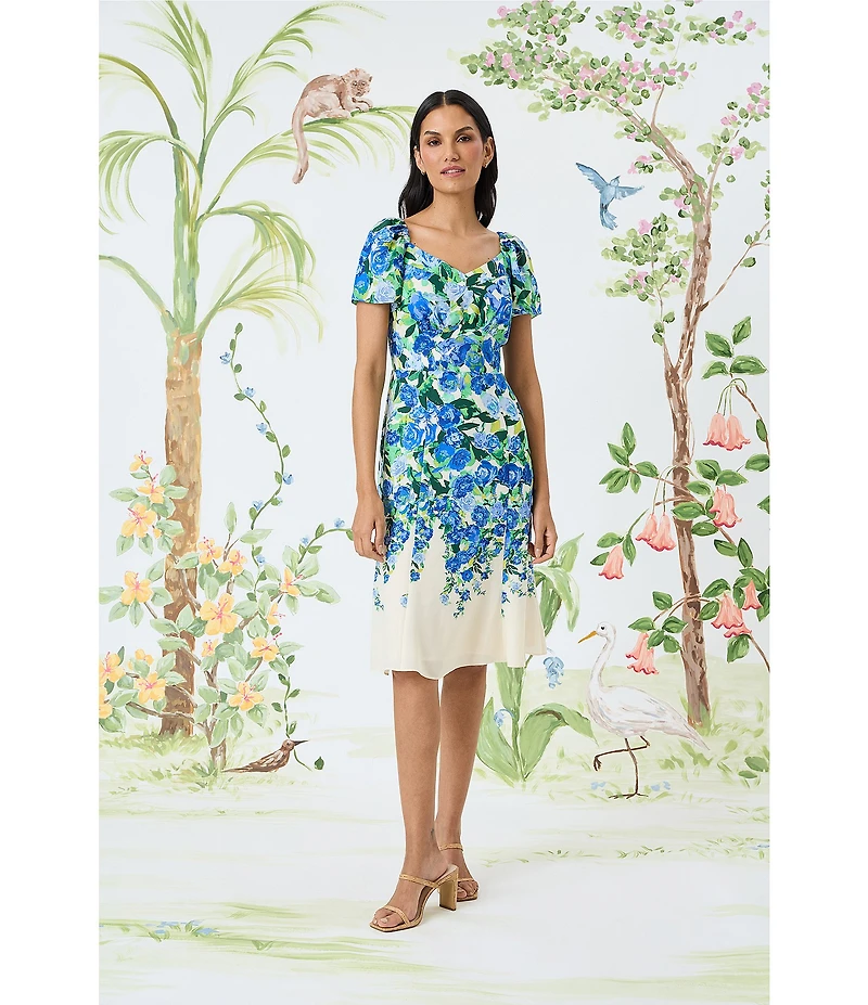 Maggy London Floral Sweetheart Neck Short Flutter Sleeve Midi Dress