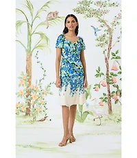 Maggy London Floral Sweetheart Neck Short Flutter Sleeve Midi Dress