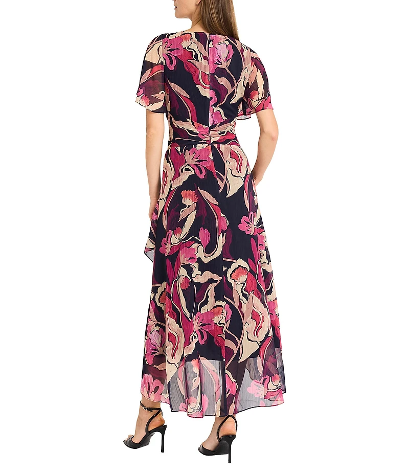 Maggy London Floral Yoryu Surplice V-Neck Flutter Sleeves Front Twist Midi Dress
