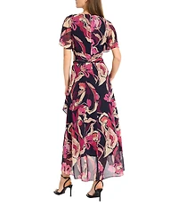 Maggy London Floral Yoryu Surplice V-Neck Flutter Sleeves Front Twist Midi Dress