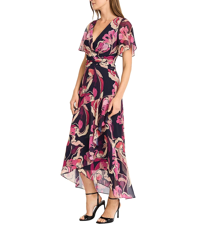 Maggy London Floral Yoryu Surplice V-Neck Flutter Sleeves Front Twist Midi Dress